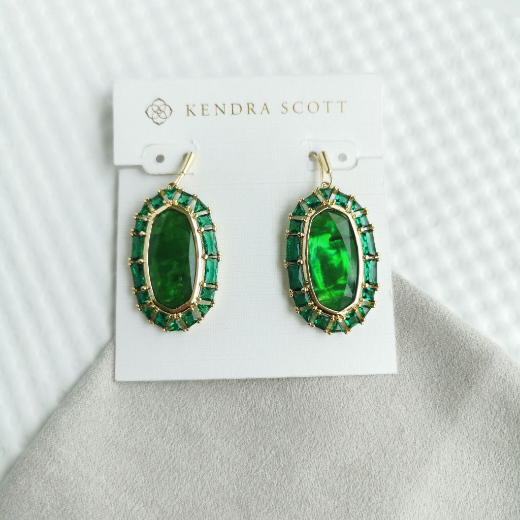 Kendra Scott Gold Kelly Green Elle Crystal Frame Earrings New